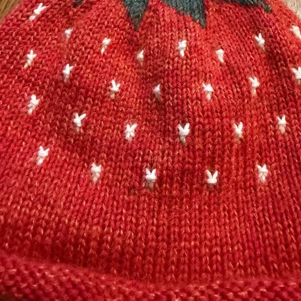 Baldvinsson Hand Knit Strawberry Beanie Hat 0-2 Years NWT Cotton Mohair Silk